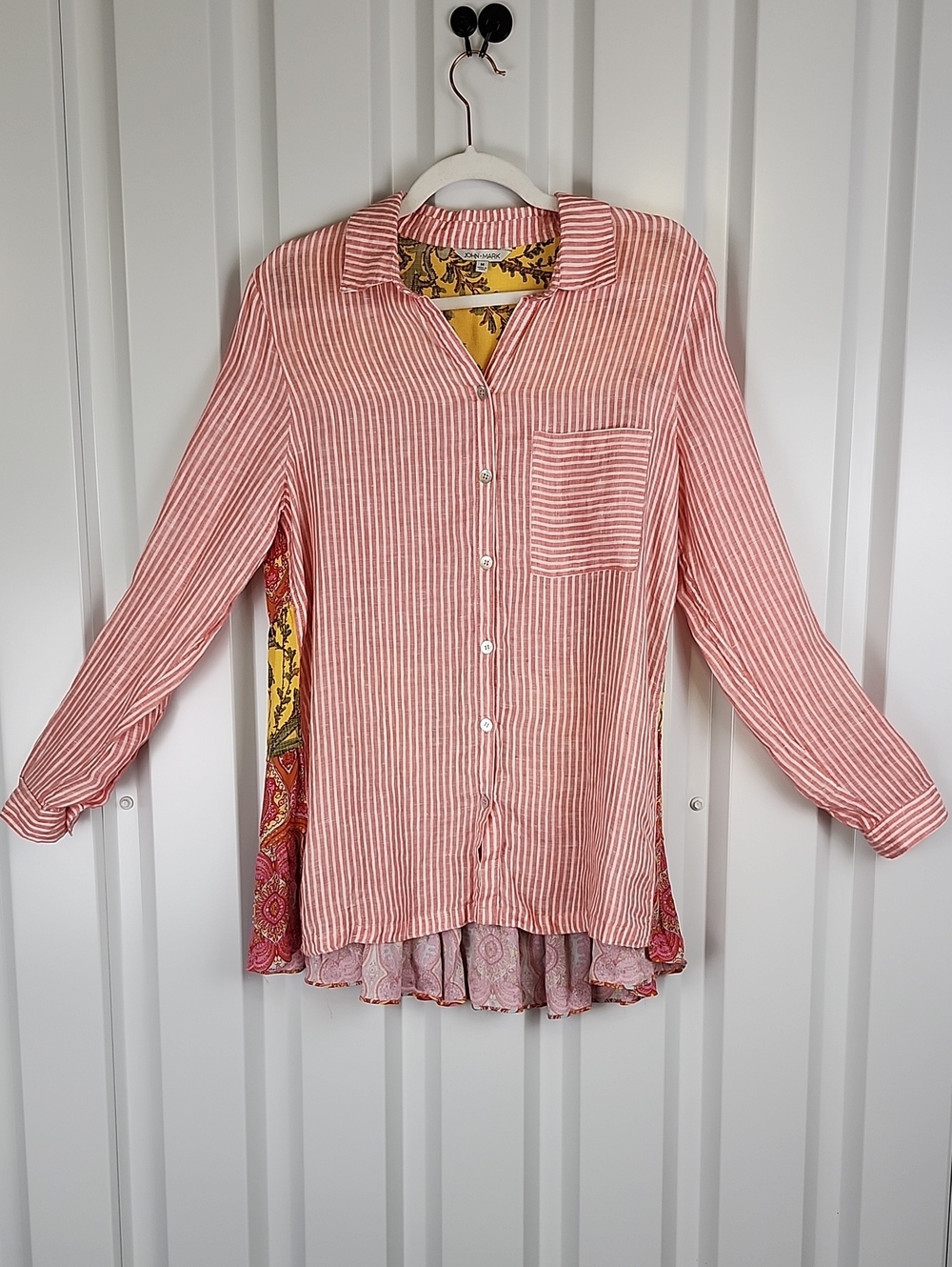 John Mark Womens Linen Striped Orange Button-Front Mixed Media Top Size Medium
